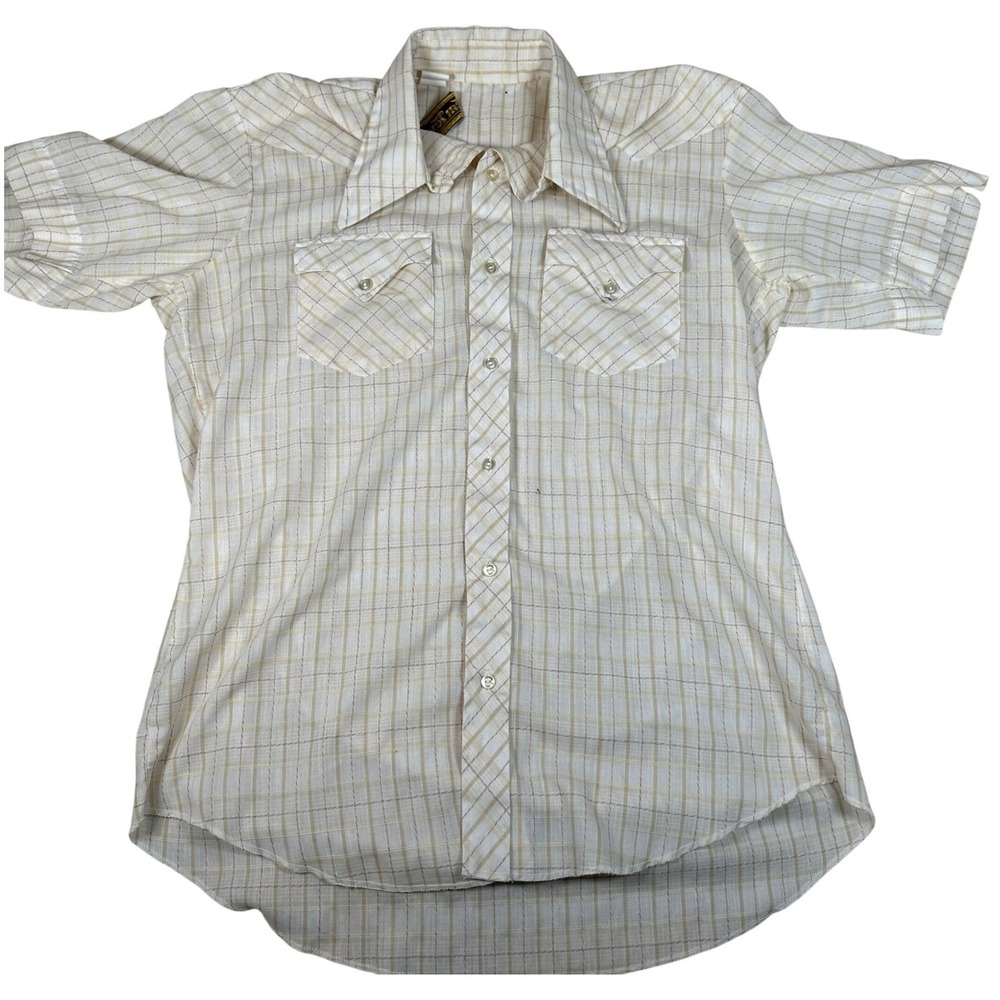 Vintage TemTex Western Pearl Snap Shirt Mens Cream Tan Plaid Short Sleeve‎